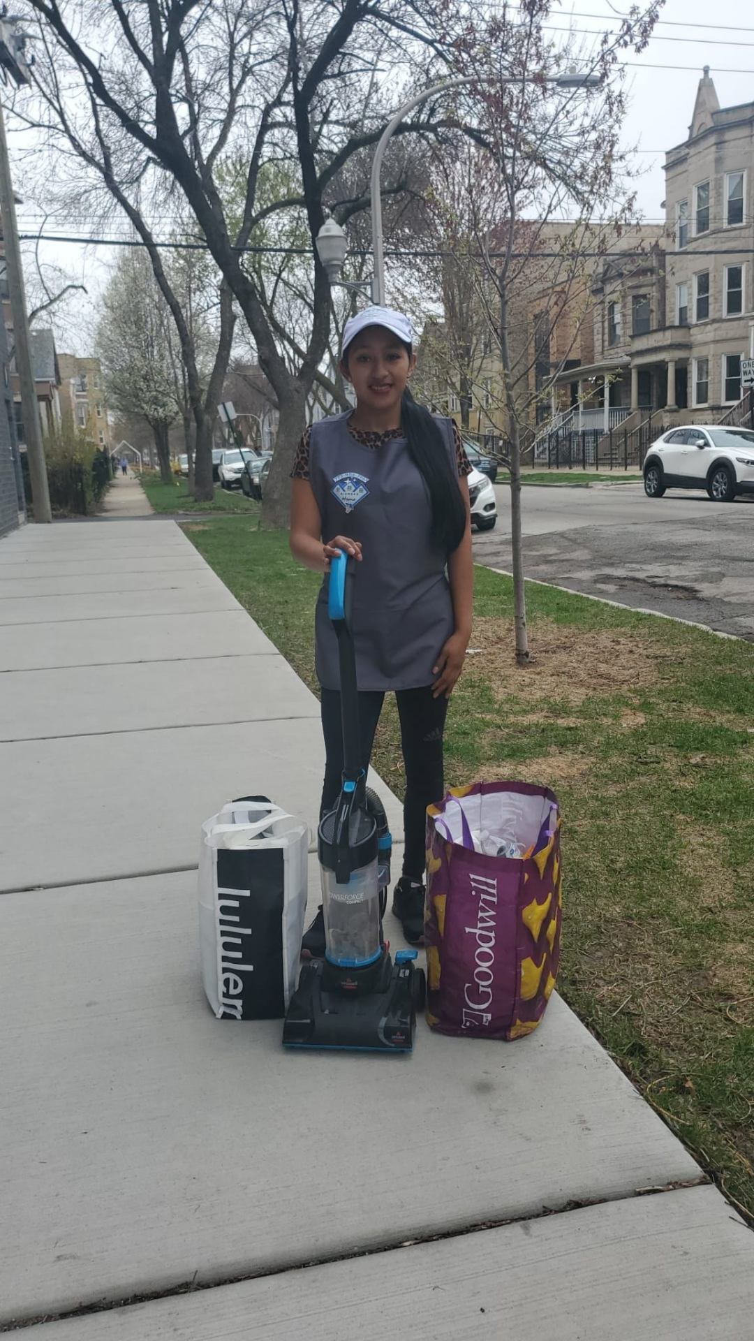Cleaner with a caddy of professional supplies
